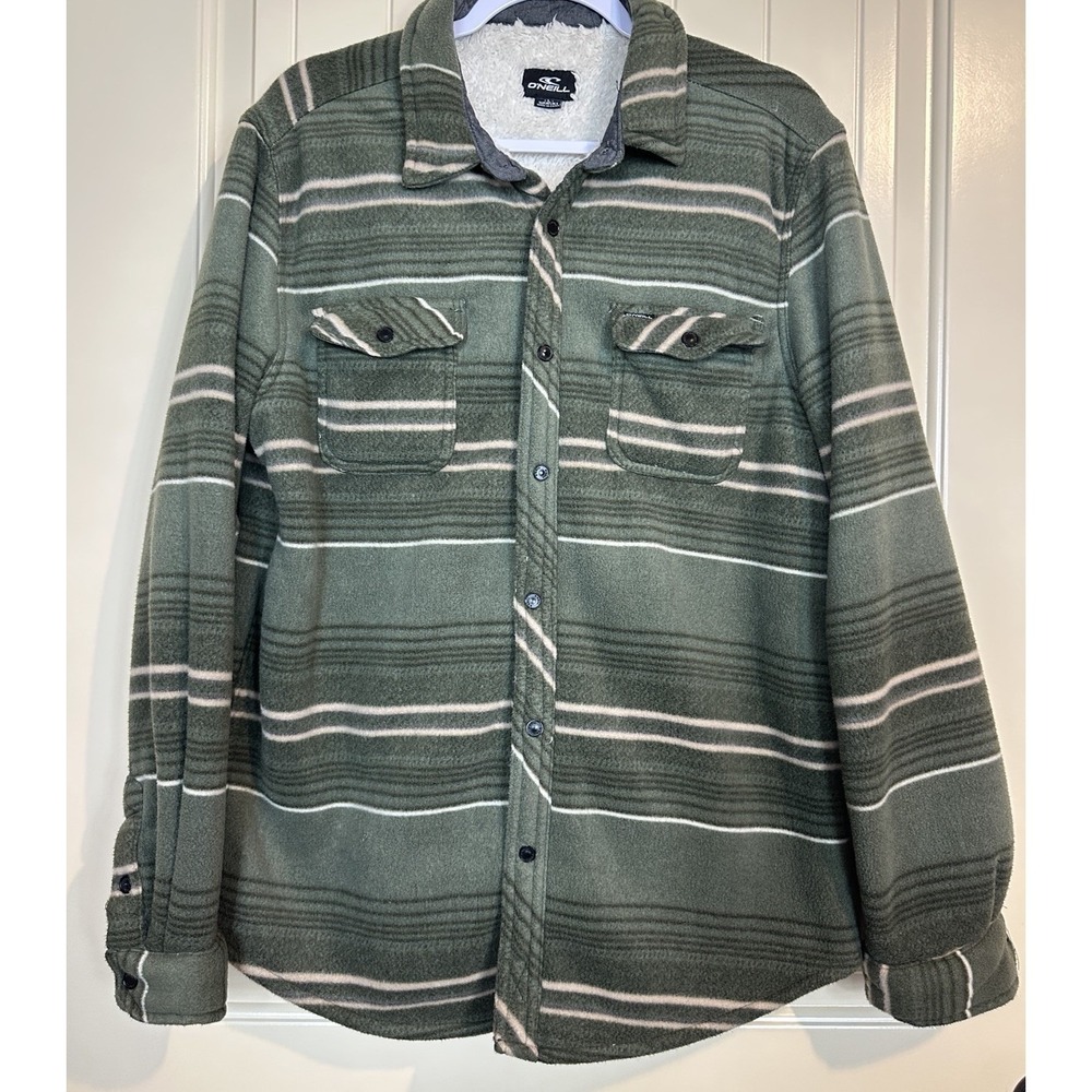 O'Neill SuperFleece Sherpa Lined Fleece Shacket Shirt Jacket green striped Sz L